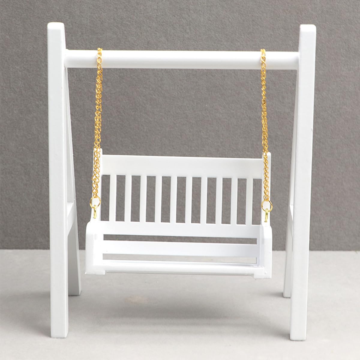 Ausi 1:12 Dollhouse Swing, Miniature Wooden Porch Swing with Golden Chain, White Mini Dollhouse Decoration - Image 4