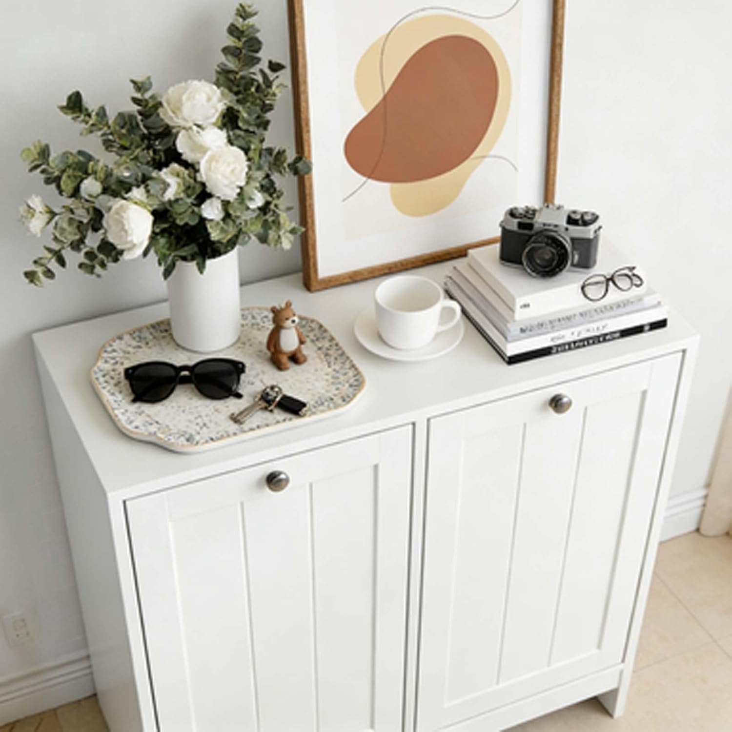 Bathroom Laundry Hamper Double Storage Cabinet, Tilted Hidden Laundry Hamper with Removable Basket, Laundry Basket Organizer, White