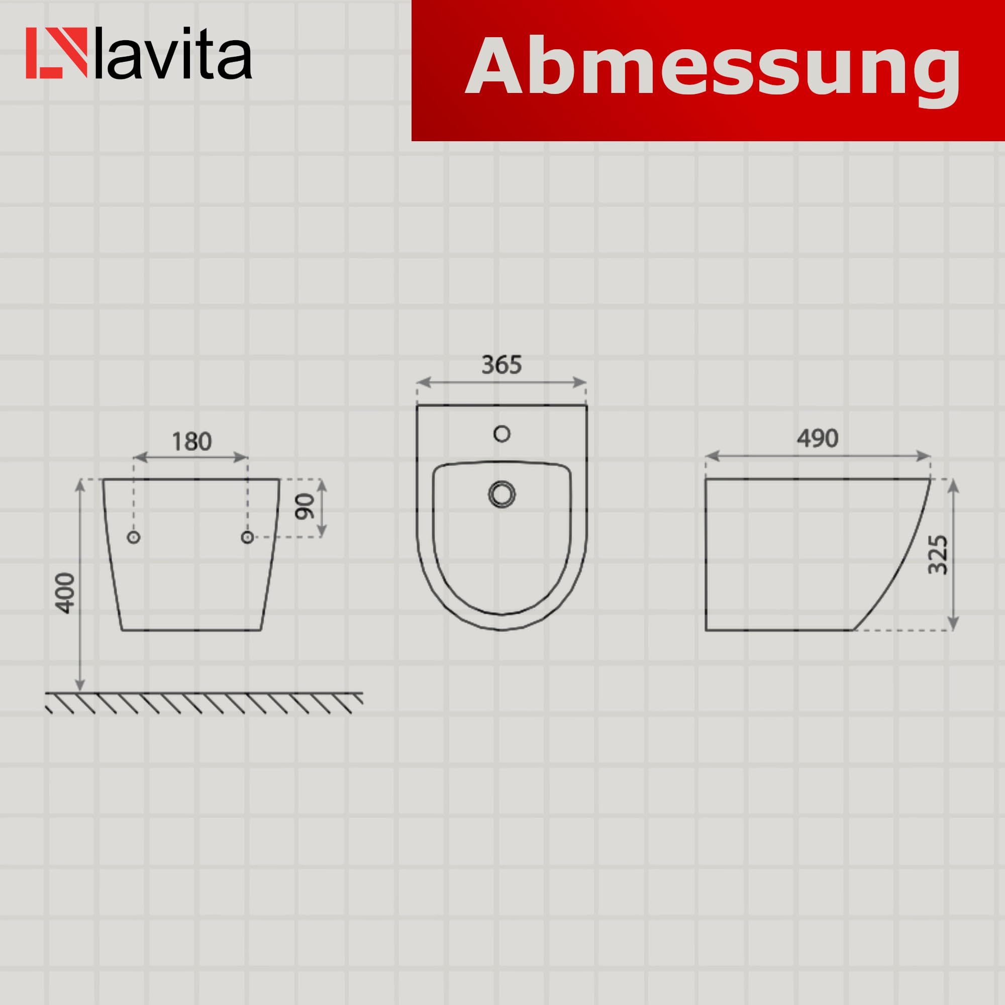 LAVITA Bidé universal de pared con orificio para grifo y protección contra desbordamiento de cerámica, 35,5 x 51 x 34 cm, lavabo para montaje en pared, color negro