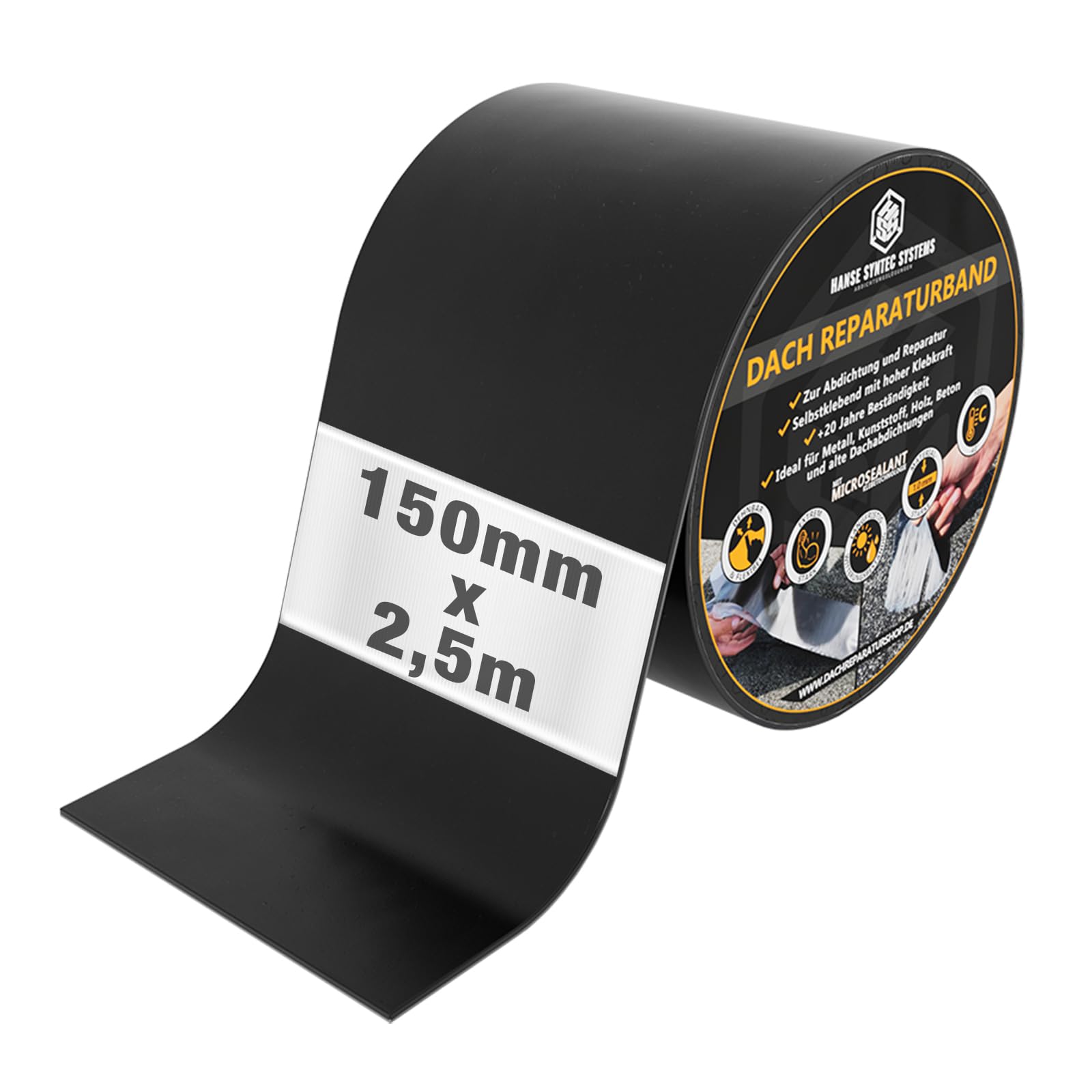 HSS Dach Reparaturband selbstklebend mit MicroSealant Klebstoff – für Dach & Abdichtungen – wasserdichtes Klebeband – Schwarz – 150 mm x 2,5 m