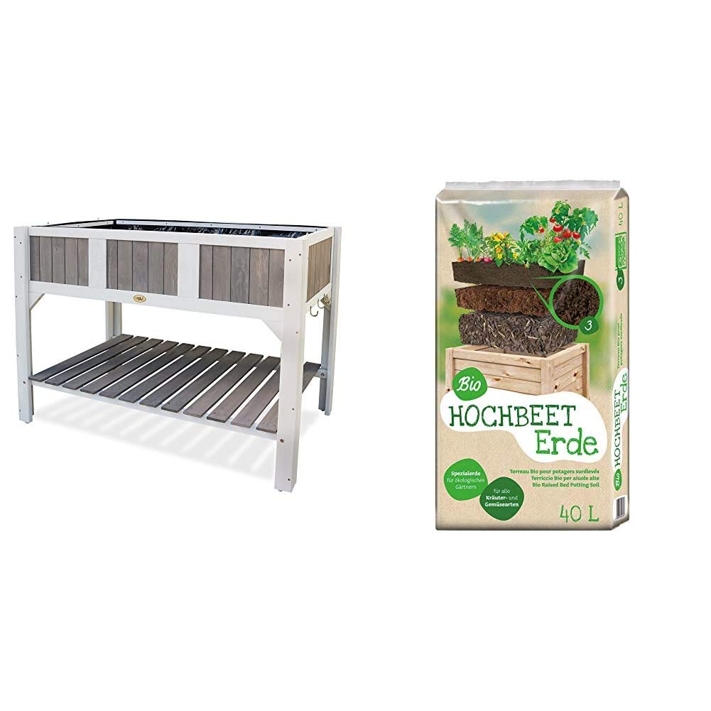 Habau Klara Hochbeet, weiß/grau & Universal Bio Hochbeet-Erde 40 Liter