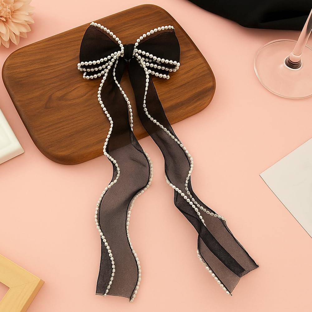 HOBBIESAY 2Pcs Long Tail Bow Hair Accessories with Pearls Polyester Bridal Hair Clips Bowknot Pearl Barrettes Bow Ribbon Hairpins for Wedding Party Festival Black and White 4.1x13.8 Inches - Image 4