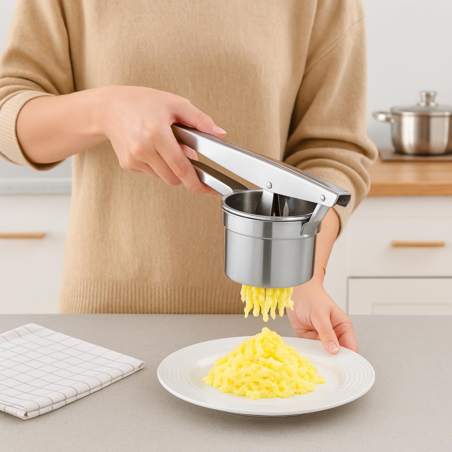 Virsus Schiacciapatate in acciaio inox 18/10, bicchiere con fori diametro 2,5 mm, passapatate manuale antiruggine lavabile in lavastoviglie per purè di patate, castagne, verdure, Made in Italy
