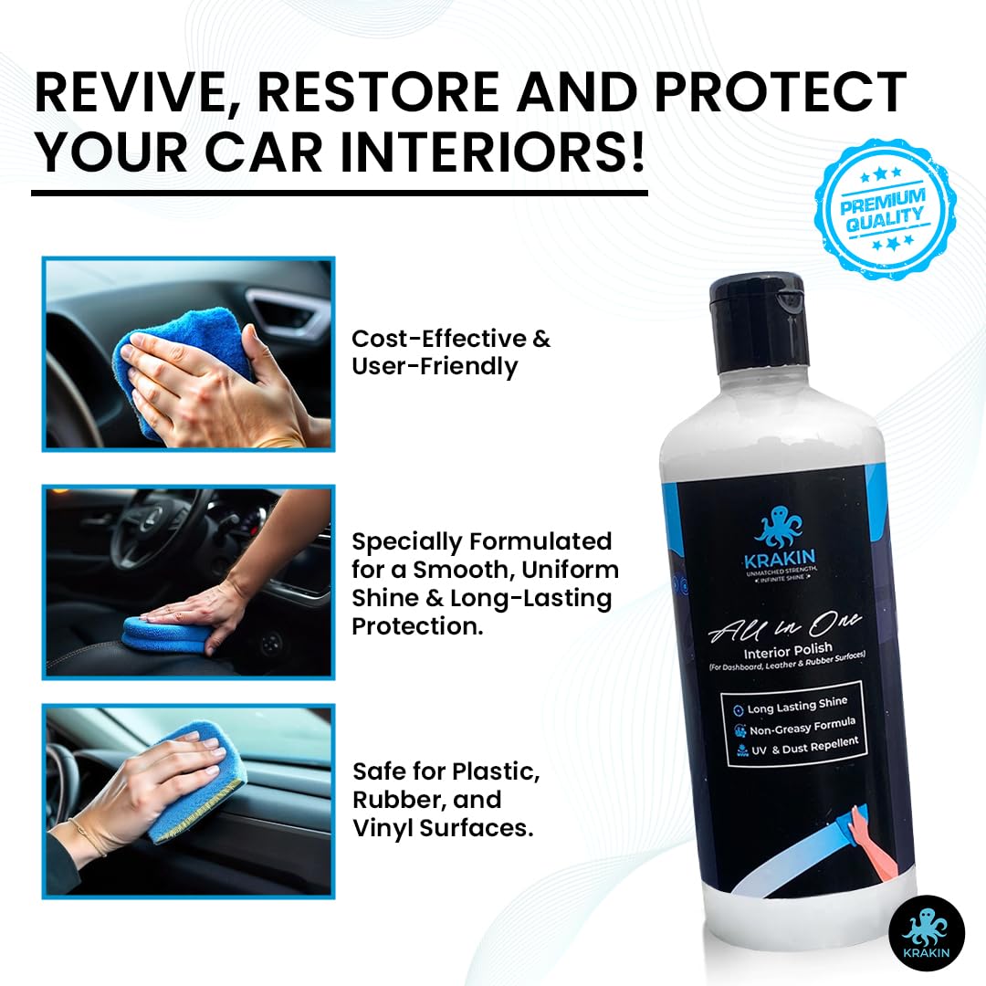 KRAKIN Car Interior Polish (200ml) | For Dashboard, Rubber, Leather & Plastic Parts | Gives New Like Gloss & Shine With Zero Dust Attraction & Long Lasting Effect - Image 3 thumbnail