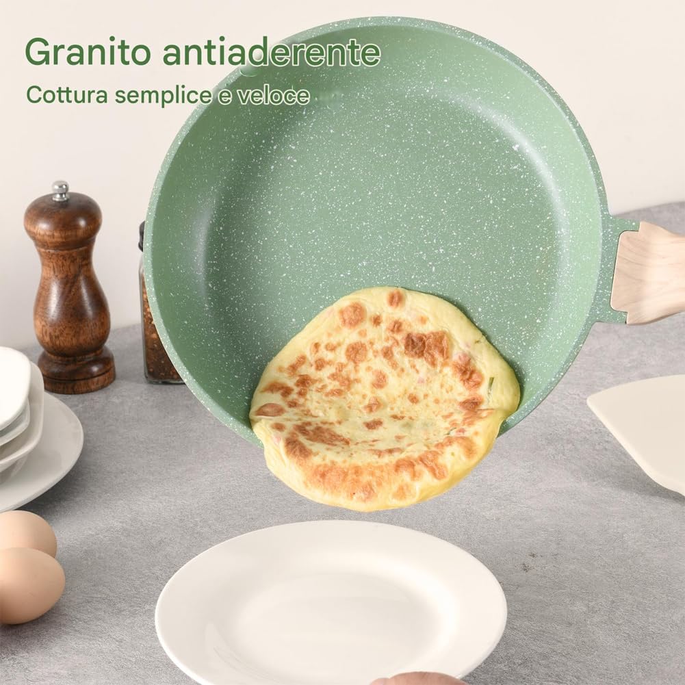 BAKAJI Batteria di Pentole e Padelle 15 Pezzi a Induzione e Gas, Set Adatto a Tutti i Piani Cottura, Antiaderente in Alluminio Pressofuso ed Effetto in Granito con Coperchio e Accessori (Verde)