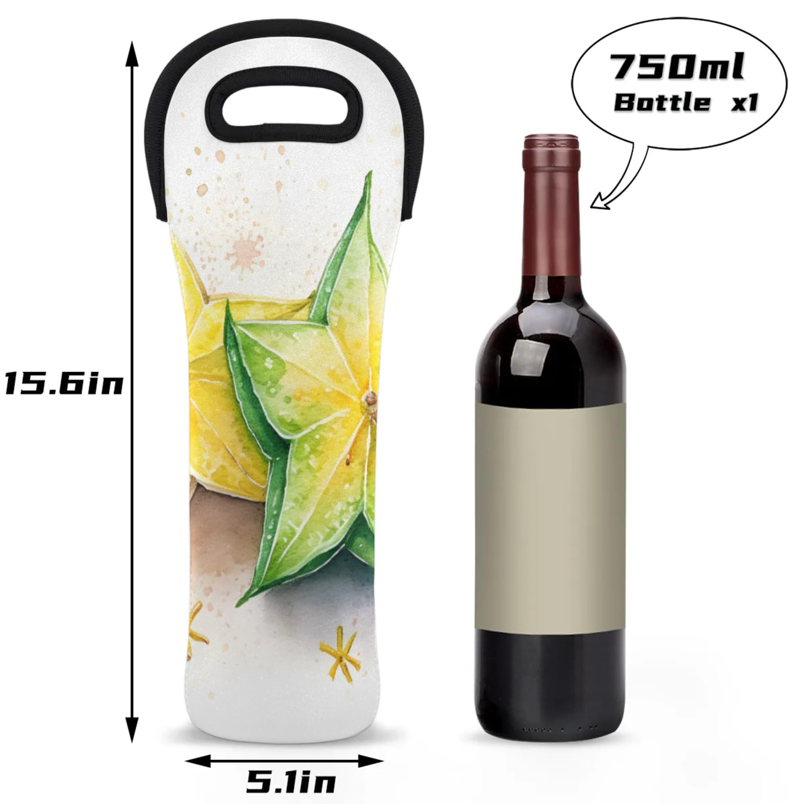 Neoprene Wine Tote Carrier Bag for Wine,Water, Champagne, Beer, Baby Bottles 15.6 x 5.1 Inches, Protective Wine Bag,Carambola