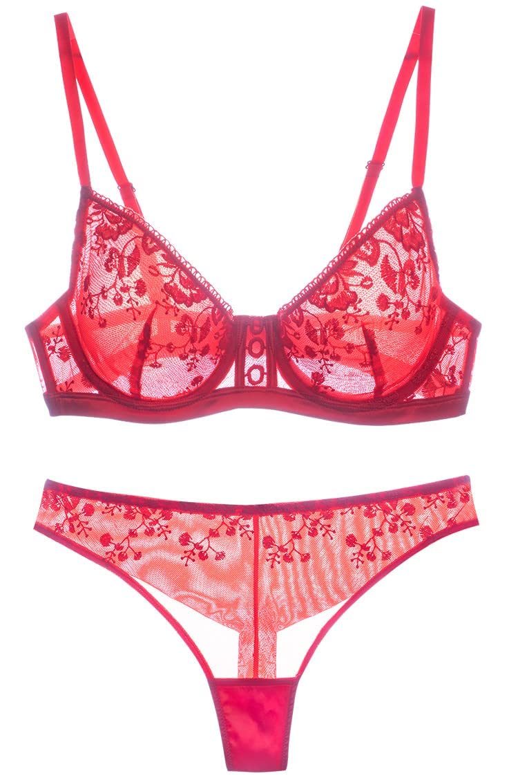 Women's Sheer Unlined Bra Lingerie Set Sexy Embroidered Bra and Panty Set Underwire Full