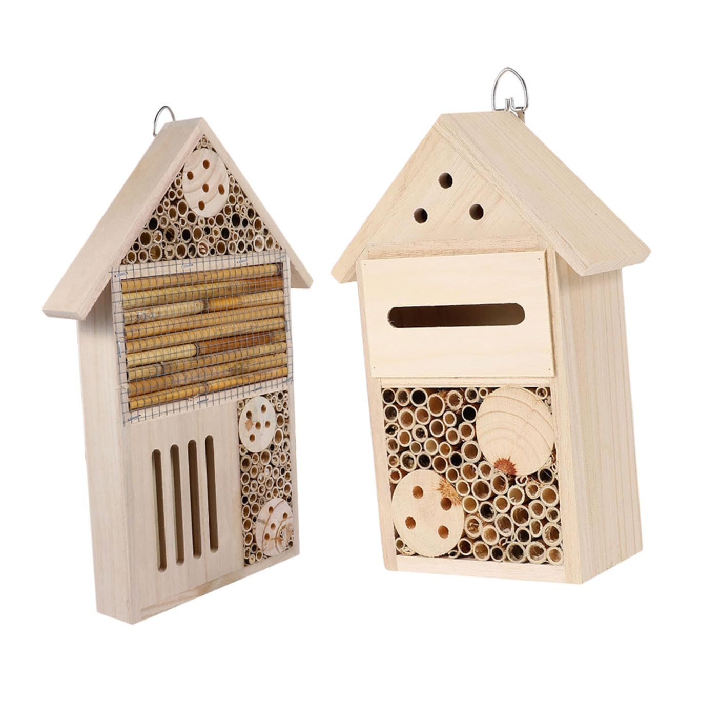 WOONEKY 2 Stück Holz Bienenhaus Wetterfestes Insektenhotel mit Nisthilfen Attraktives Gartenhaus für Wildbienen und Ökologische Garten Dekoration Einfach Aufzuhängen