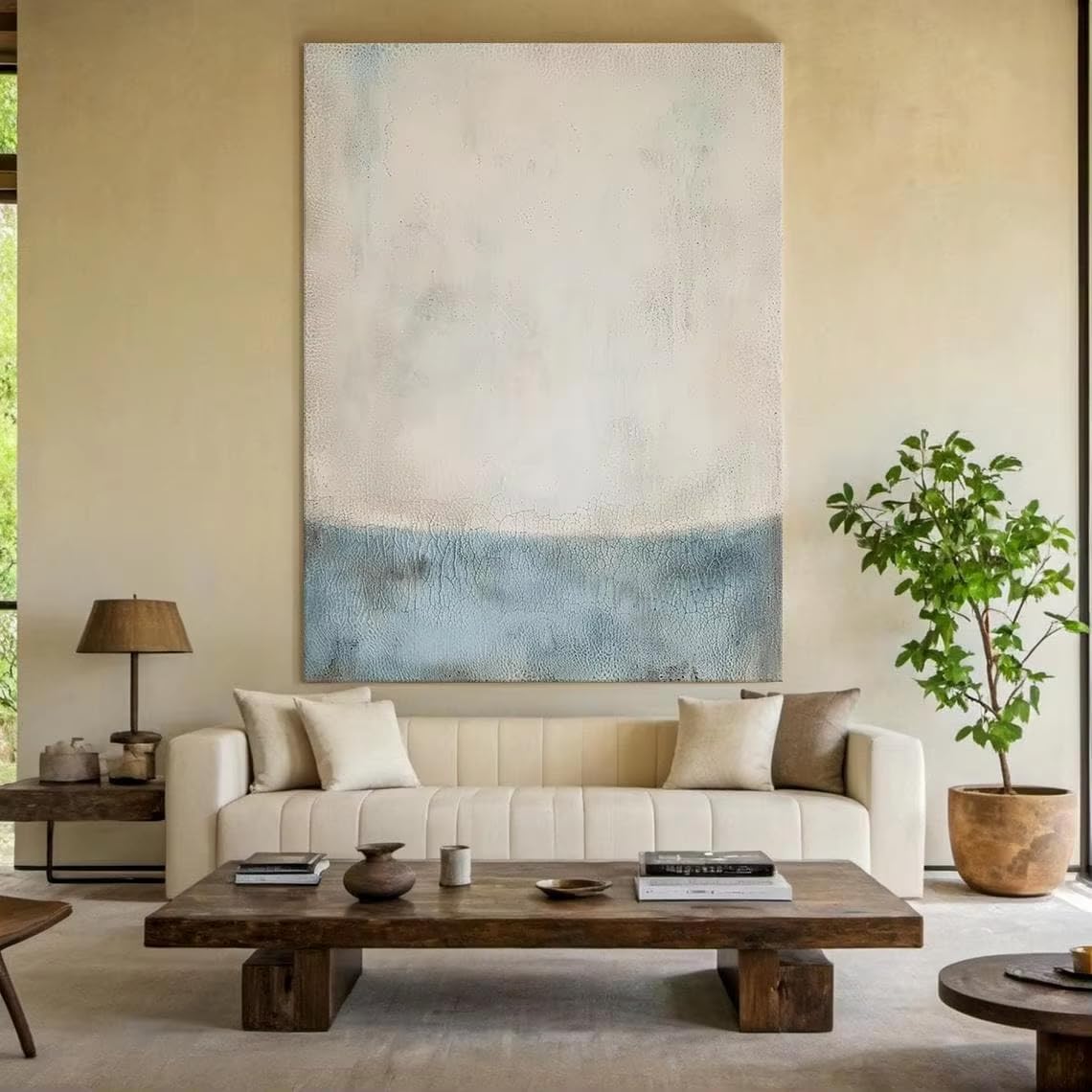AEFOUU Large Canvas Wall Art Print Cracked Texture Abstract Art Light Blue and Beige Minimalist Painting Modern Wall Decor(40x65cm/16x26in/Frameless)