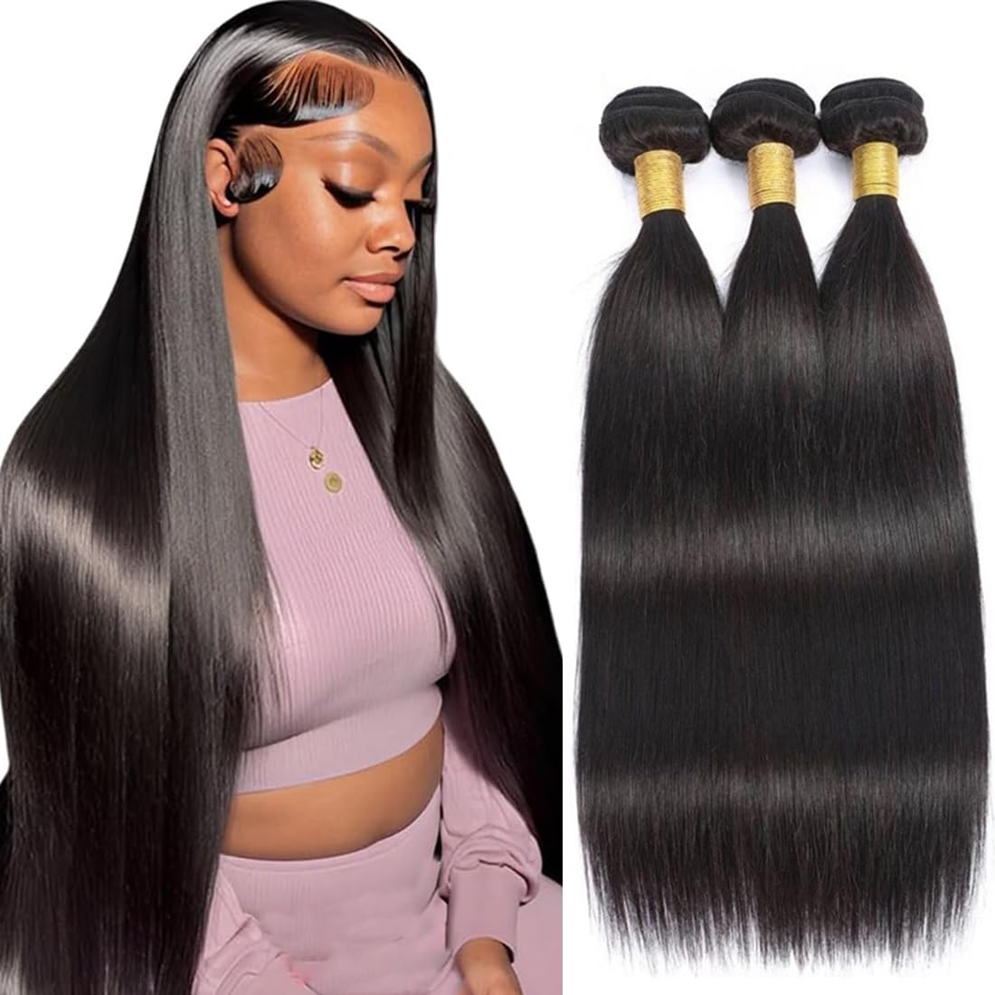 MsSunlight 12A Human Hair Bundles Straight Human Hair Bundles Weave Extensions Unprocessed Virgin Brazilian Hair Bundles Weft 3 Bundles Natural Color (Natural Black