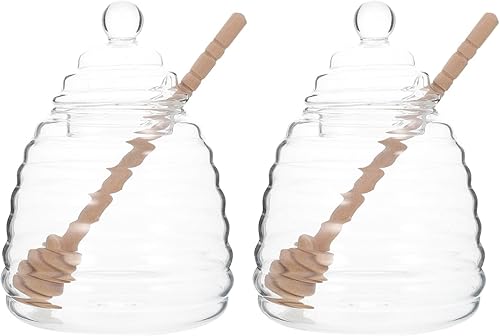 Hemoton Tarro de miel de vidrio con tapa y gotero, 2 juegos de miel de cristal transparente para miel de colmena y jarabe para el hogar y la cocina,