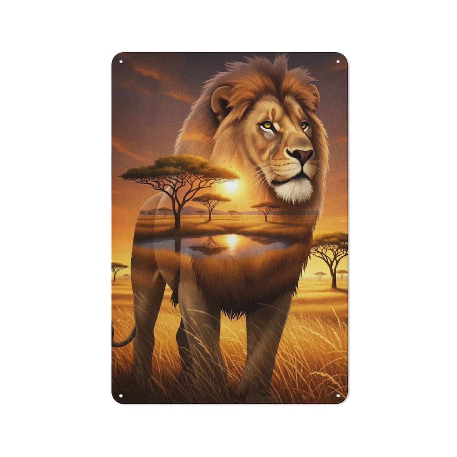 Decorative Metal Plaque with Lion Savannah Landscape Design 30x20cm, Warehouse Style Loft Wall Plaque for Flat, Bar, Studio Or Gallery Wall