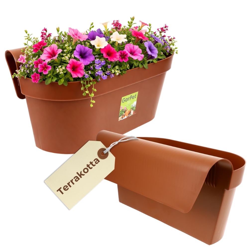 GarPet Geländerkasten Balkon mit Wasserspeicher Blumentopf Zaun Blumenkasten Geländer Balkontopf Terracotta Balkonkasten Blumenkasten Balkongeländer Balkon Pflanzkasten