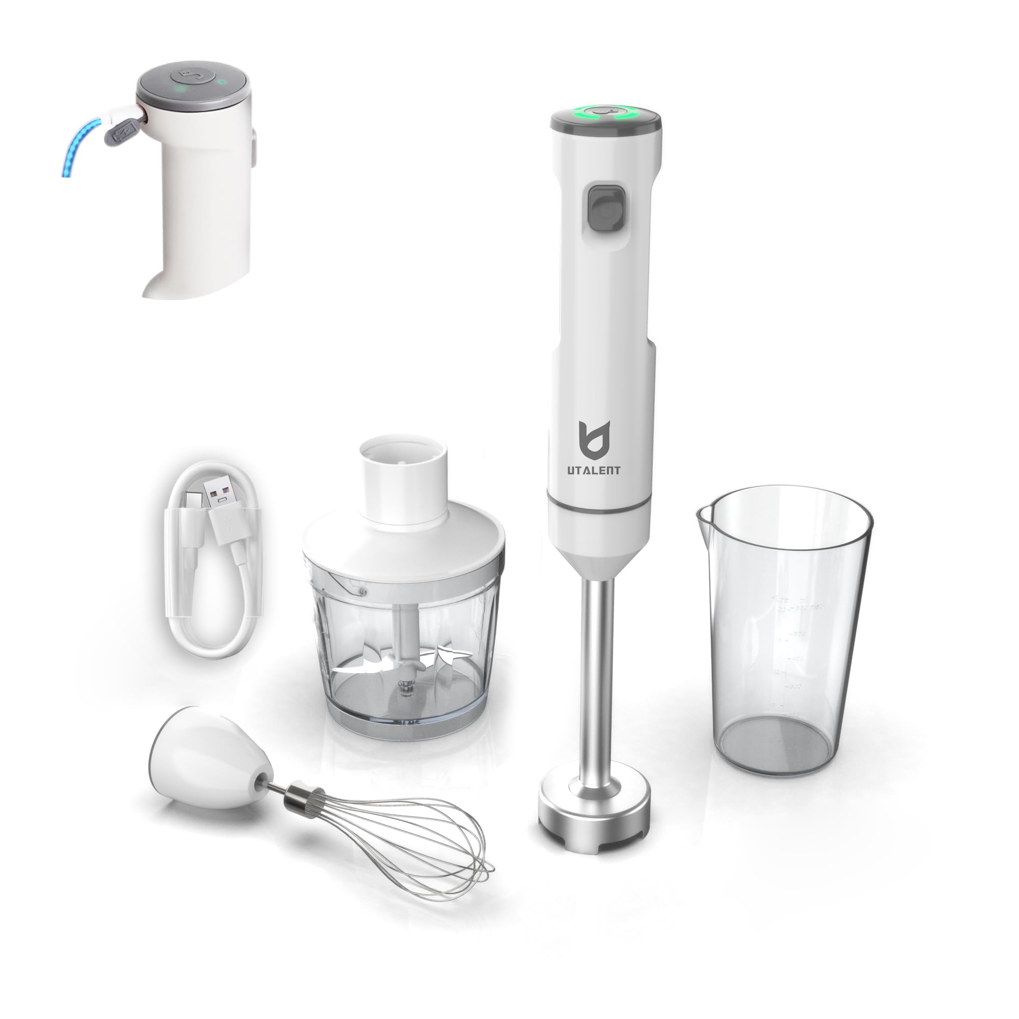 Cordless Hand Blender, UTALENT Variable Speed Immersion Blender Rechargeable, with Fast Charger, 500ml Chopper, 600ml container, Egg Whisk, for Smoothies, Baby Food and Soups – White