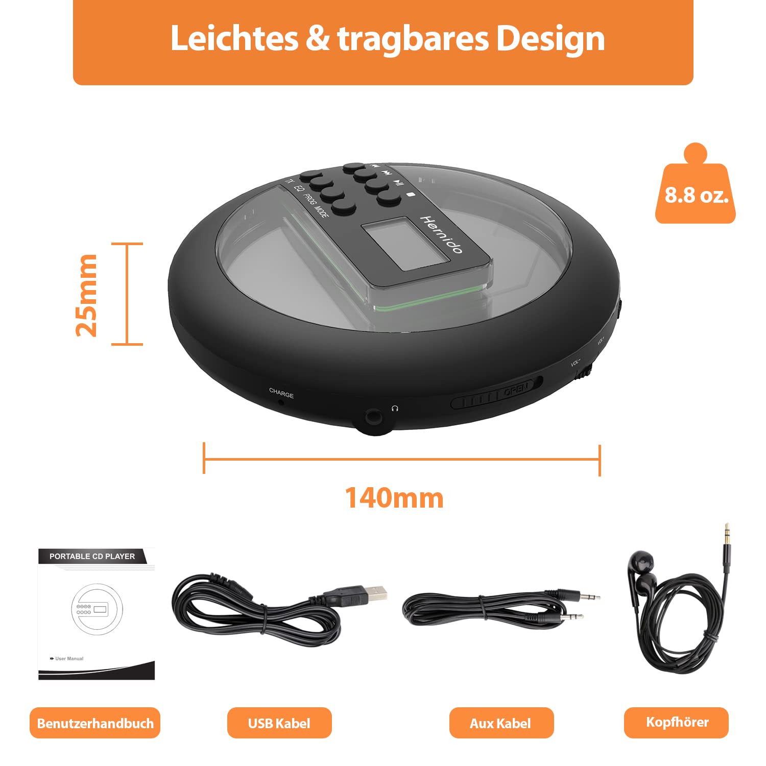 Tragbarer CD-Player für Auto, kompakter CD Player mit FM-Transmitter, USB wiederaufladbarer Discman mit Kopfhörer, stoßfest/fortsetzende Wiedergabe Walkman