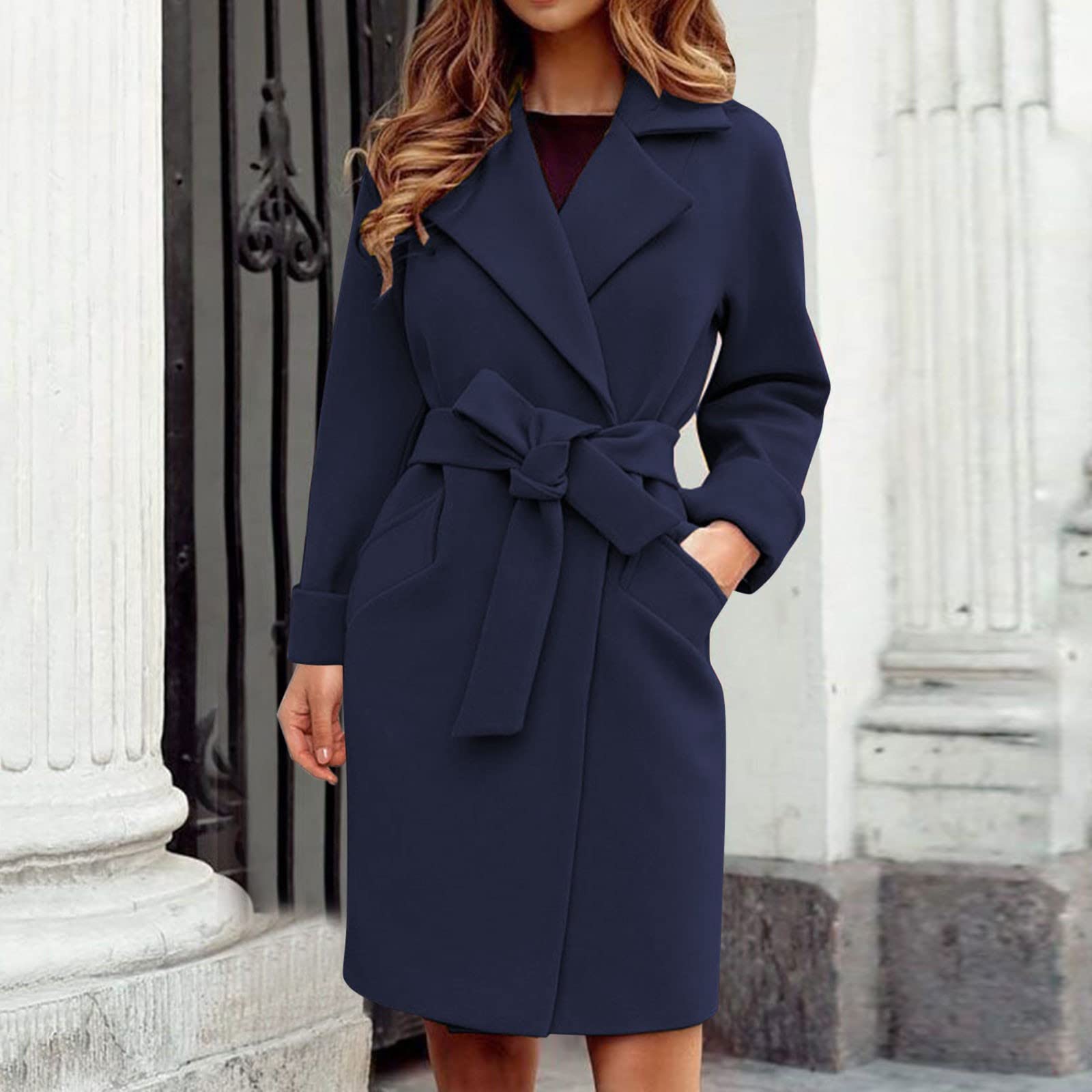 Trench épais pour femme avec col à revers ouvert sur le devant, élégant couleur unie, manteau d'extérieur pour femme, manteau polaire en laine avec poches de ceinture