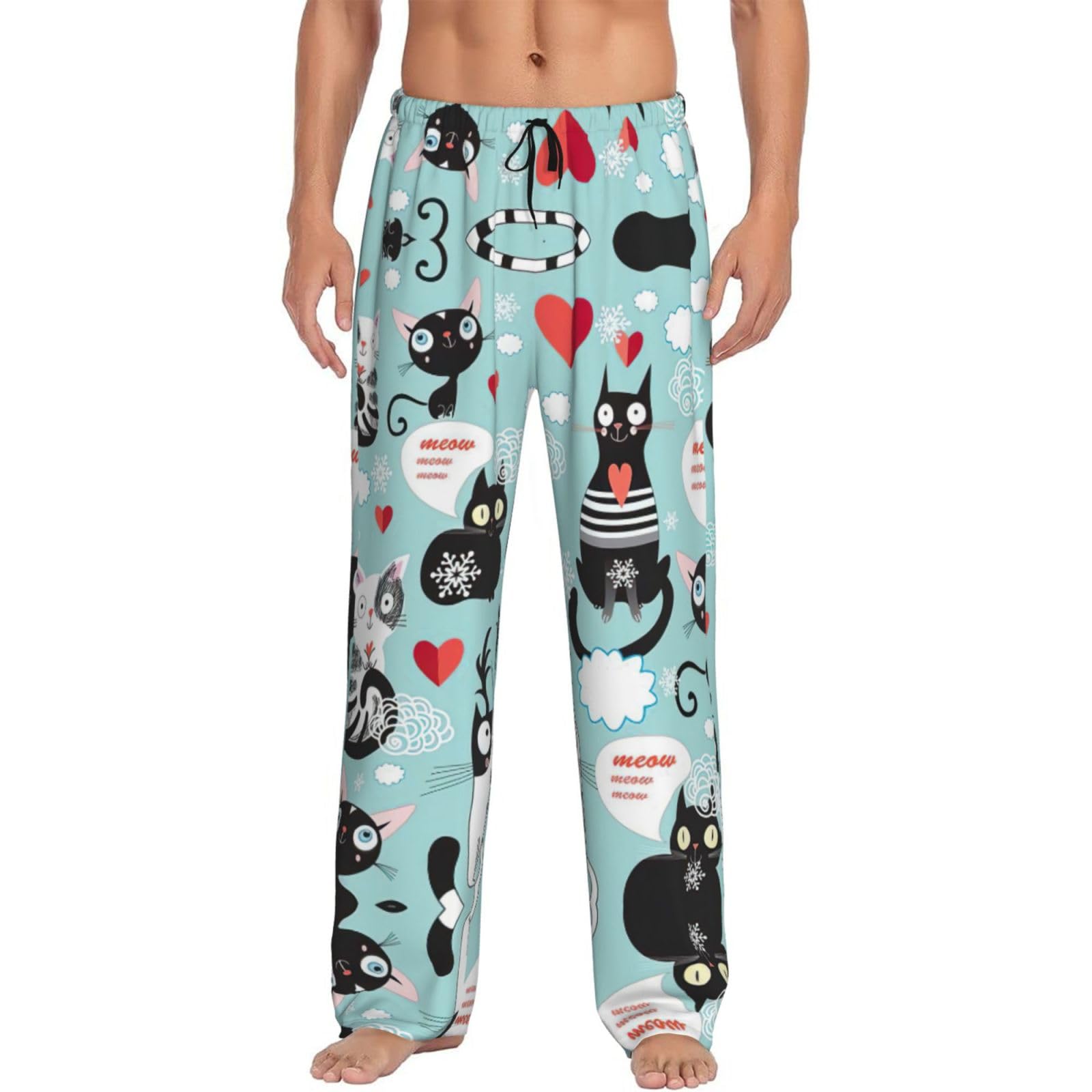 Jejea Men's Black And White Cats Print Pajama Pants, Warm Lounge Pj Bottoms For With Pockets Drawstring Comfortable