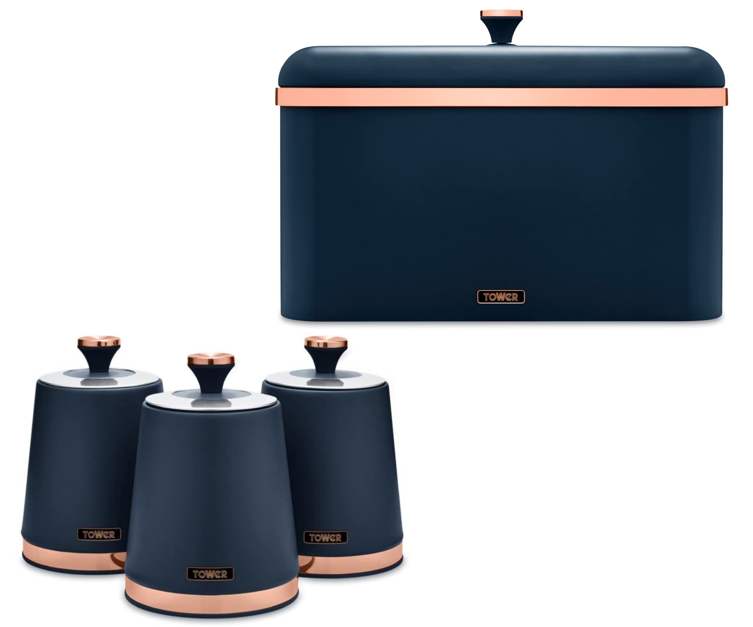 Tower Cavaletto Bread Bin & 3 Canisters Set In Midnight /Rose Blue/Gold