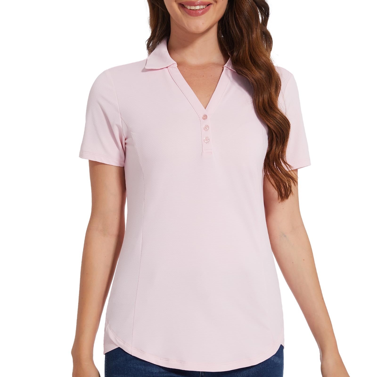 Women's Polo Shirt 3/4 Long Sleeve Golf Quick Dry T Shirts UPF 50+ Athletic Casual Work Shirts Tops for Women Small Short Sleeve-light Pink