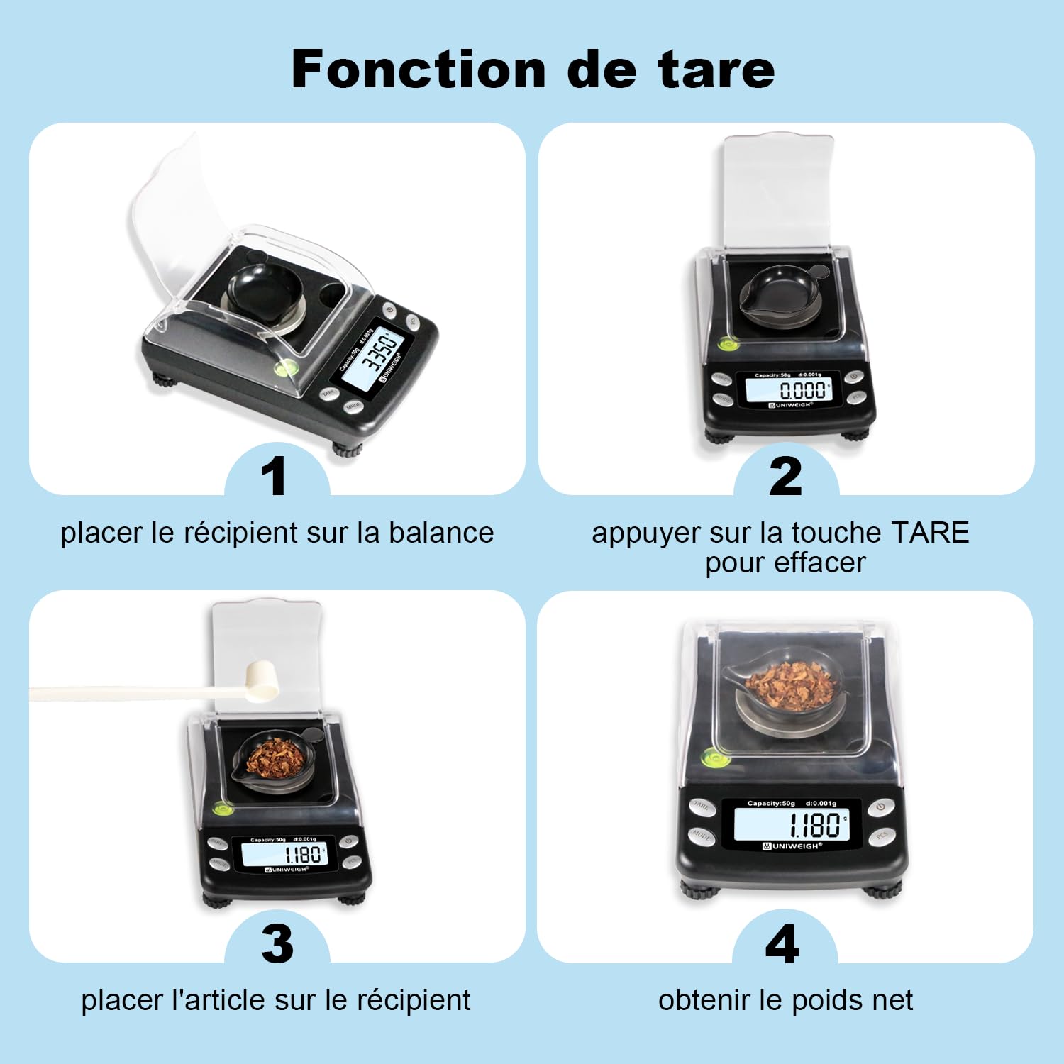 UNIWEIGH Balance Digitale Précise 0.001g/50g en Milligramme - Pour Bijoux, Poudre, Or - Micro Balance Avec 6 Unités, Tare, Poids Calibre - De Poche Avec USB et Batterie | Balance de précision pour bijoux, or, pierres précieuses, rechargement, micro-gramme