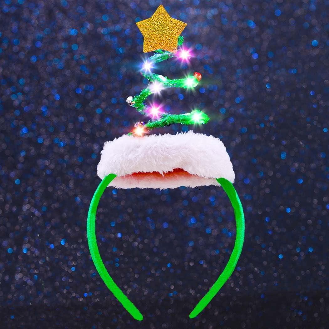 Firuilo Light Up Christmas Headband Led Christmas Tree Hairbands With Bells Santa Headwear Xmas Star Head Hoops for Women