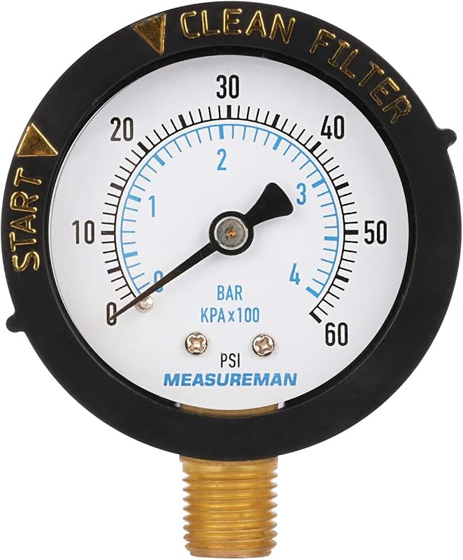 MEASUREMAN 2” Pool Filter Pressure Gauge, 60 PSI, 1/4” NPT Bottom Mount – Pool Pump Pressure Gauge for Swimming Pool, Spa, Aquarium, and Valve Filter