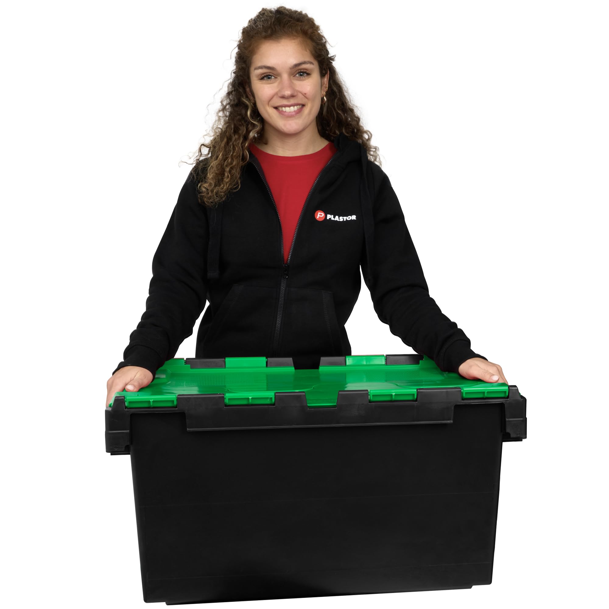 Plastor Pack of 5 - Large Plastic 80 Litre Heavy Duty Storage Boxes (71 x 46 x 36.8cm) Black and Green LC3 Crates with Attached Hinged Lids