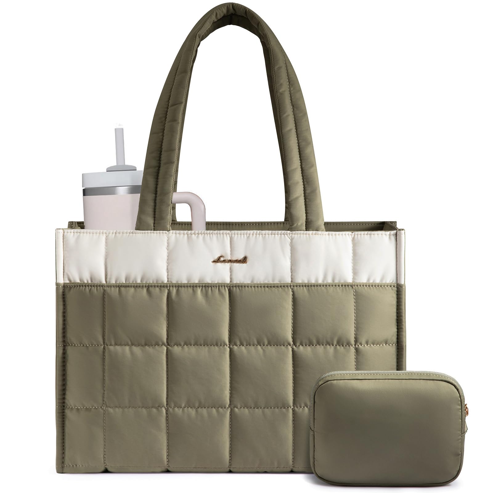 LOVEVOOK Tote Bag for Women, Puffer Work Handbag 17 Inch Laptop Purse for Nurse Teacher, Large Quilted Travel Tote Shoulder Bag with Zipper for College Office Clinical Gym