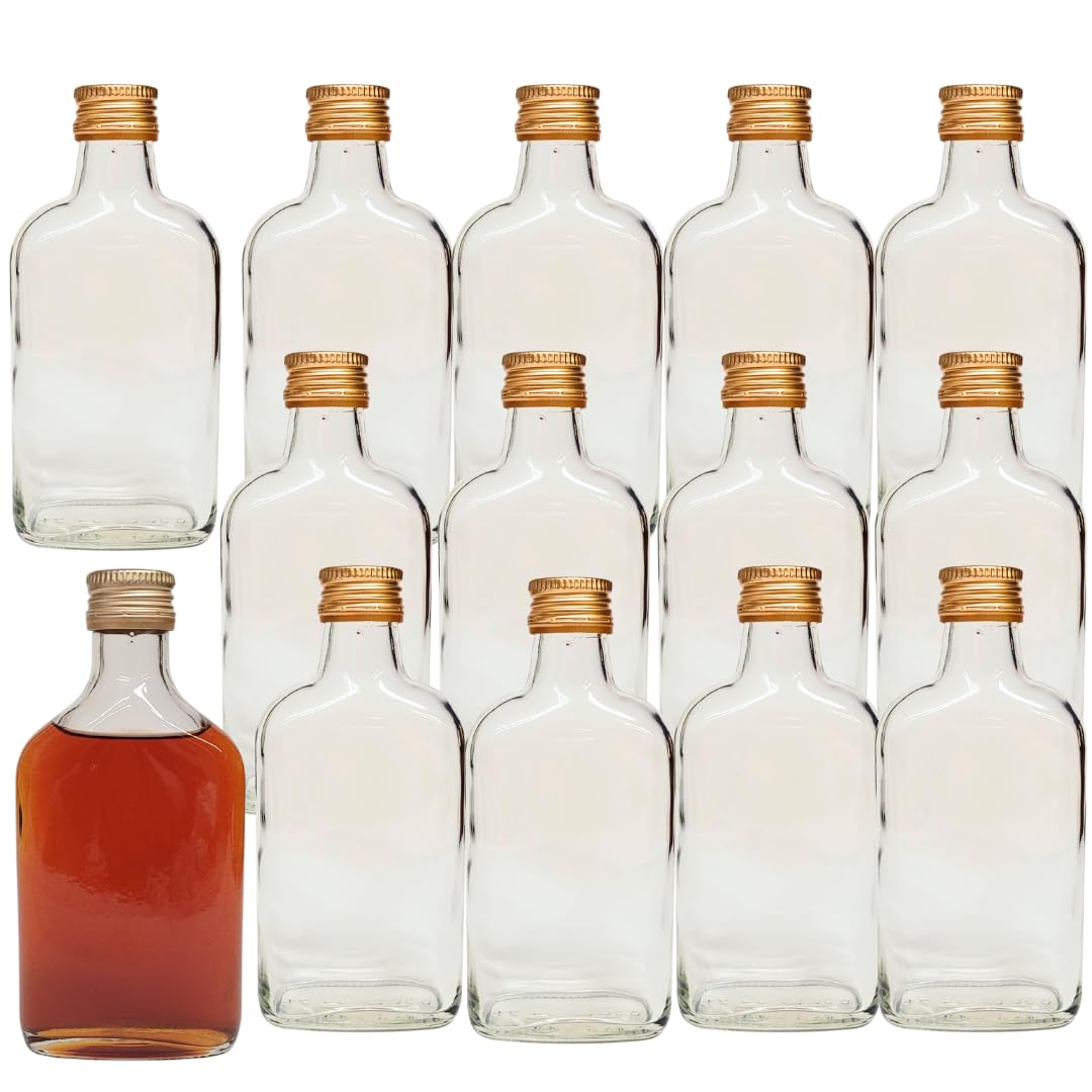 Diah Do It At Home Clear Adn Gold Flask Glass Bottles 200 Ml & Gold Metal Twist On Caps - Home Brewing Wine Gin Oil Vinegar Vodka (Set Of 50)