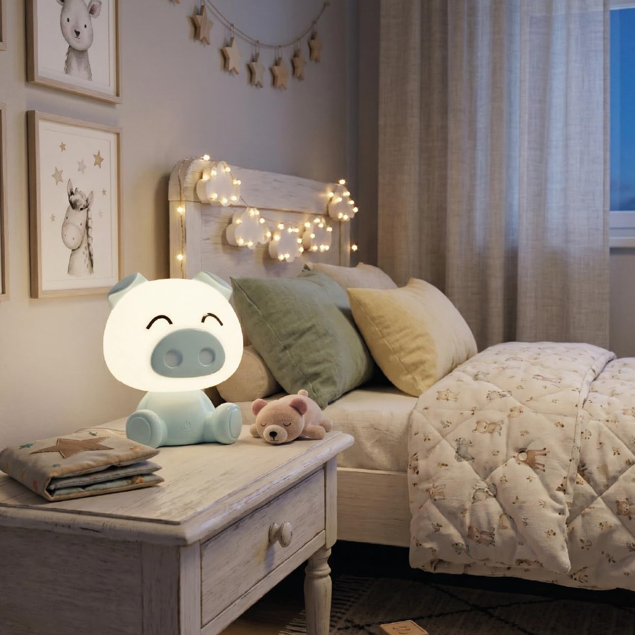 Luxus Europe - Veilleuse enfant Piggy Rose - Veilleuse LED sans fil pour enfants – Rechargeable par USB-C – 7 couleurs RGB – Lampe de table pour chambre d’enfant