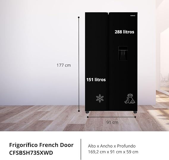 Corberó - American Refrigerator | CFSBSH735NWD | No Frost | Inverter | 439L | 177 cm | Water Dispenser | Twist Ice Maker | LED Light | Display | 4 Drawers | Black [Energy Class E]