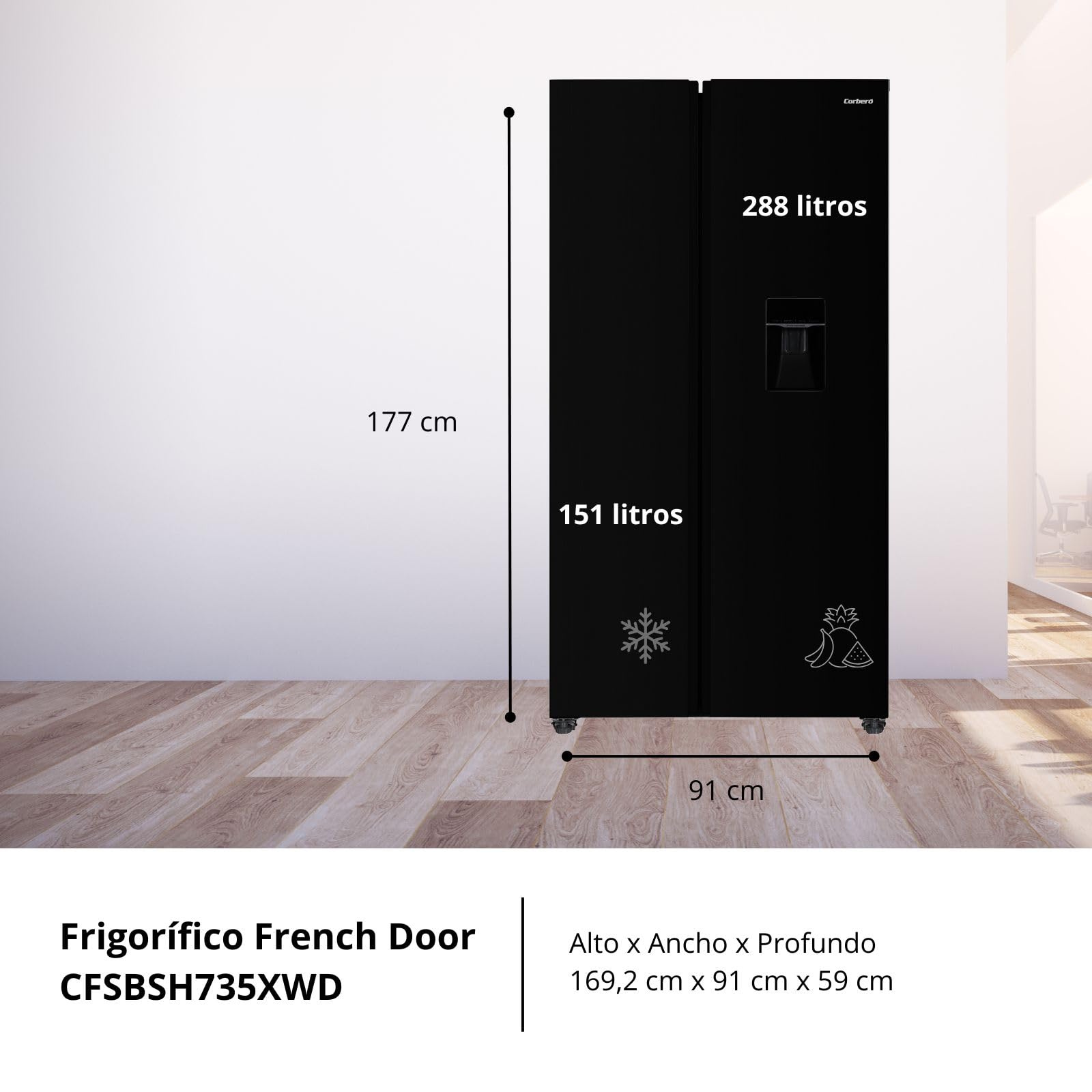 Corberó - Frigorífico Americano | CFSBSH735NWD | No Frost | Inverter | 439L | 177cm | Dispensador de Agua | Twist Ice Maker | Luz Led | Display | 4 cajones | Negro