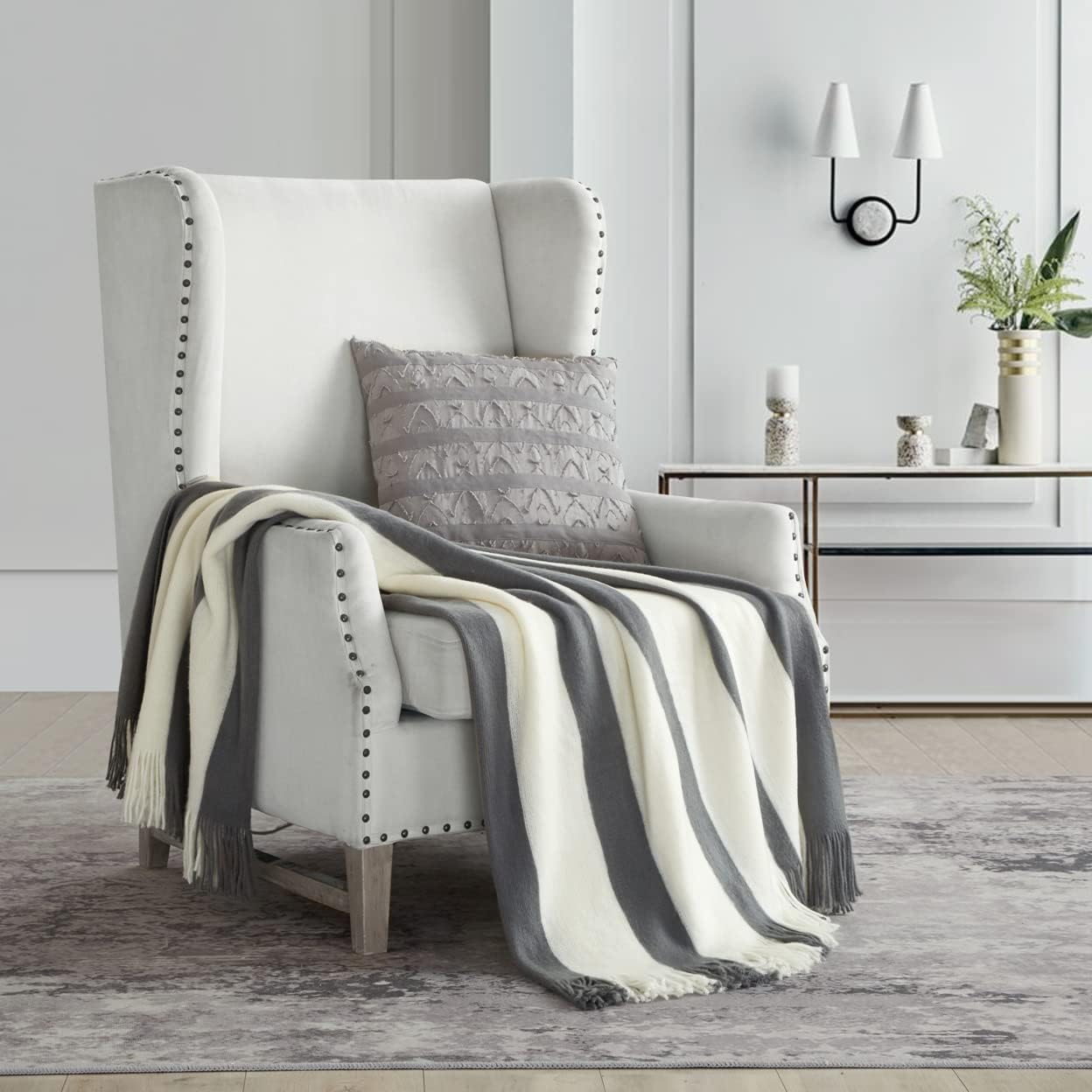 New York & Company Jorja Knitted Throw Blanket Plush Super Soft Textured Pattern with Corner Tassel Trim, 50” x 60”, Grey