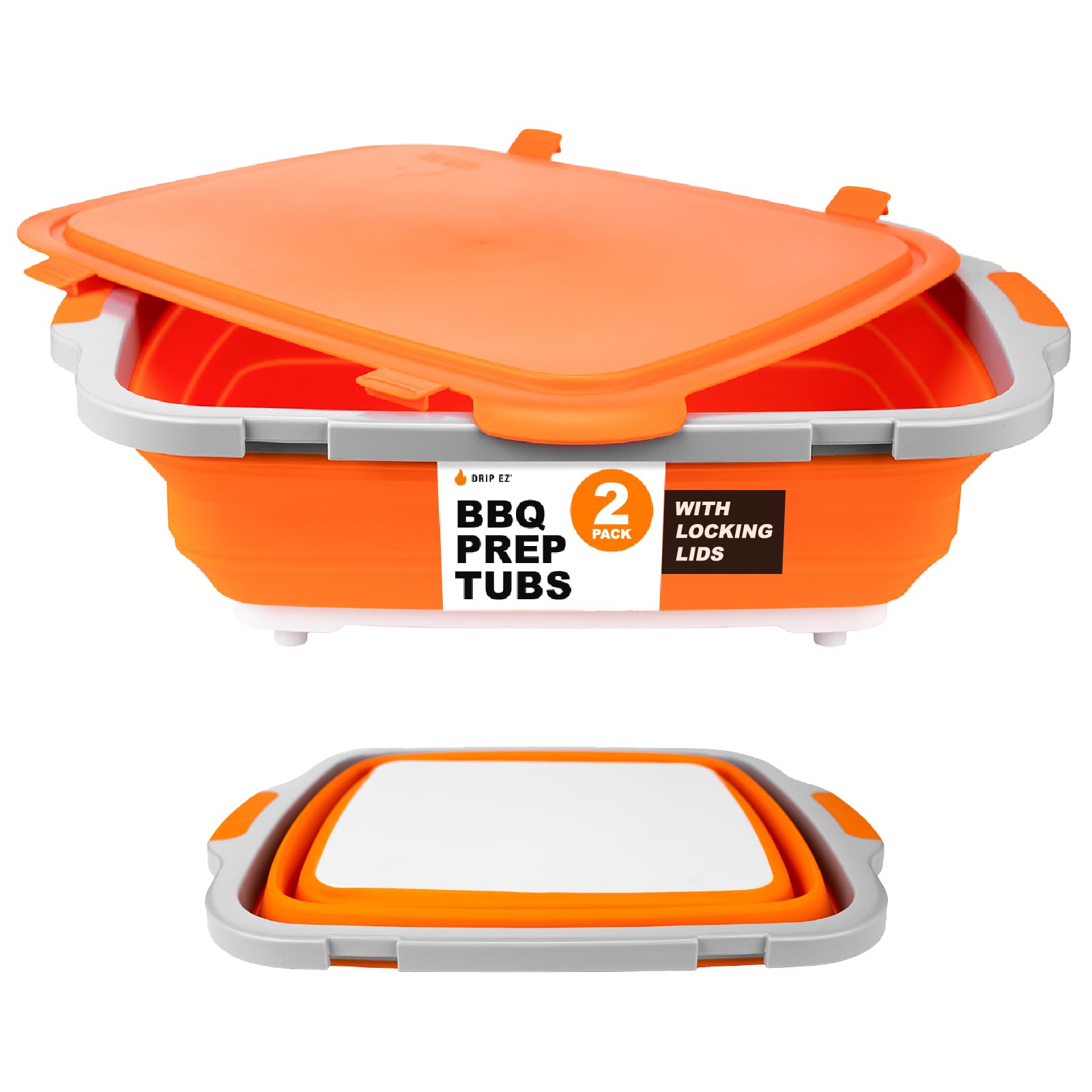 Drip EZ Collapsible BBQ Prep Tubs 2-Piece Set - For Meal Prep Marinating Food Storage - Includes Cutting Board & Lid - (1) OG + (1) XL - Orange