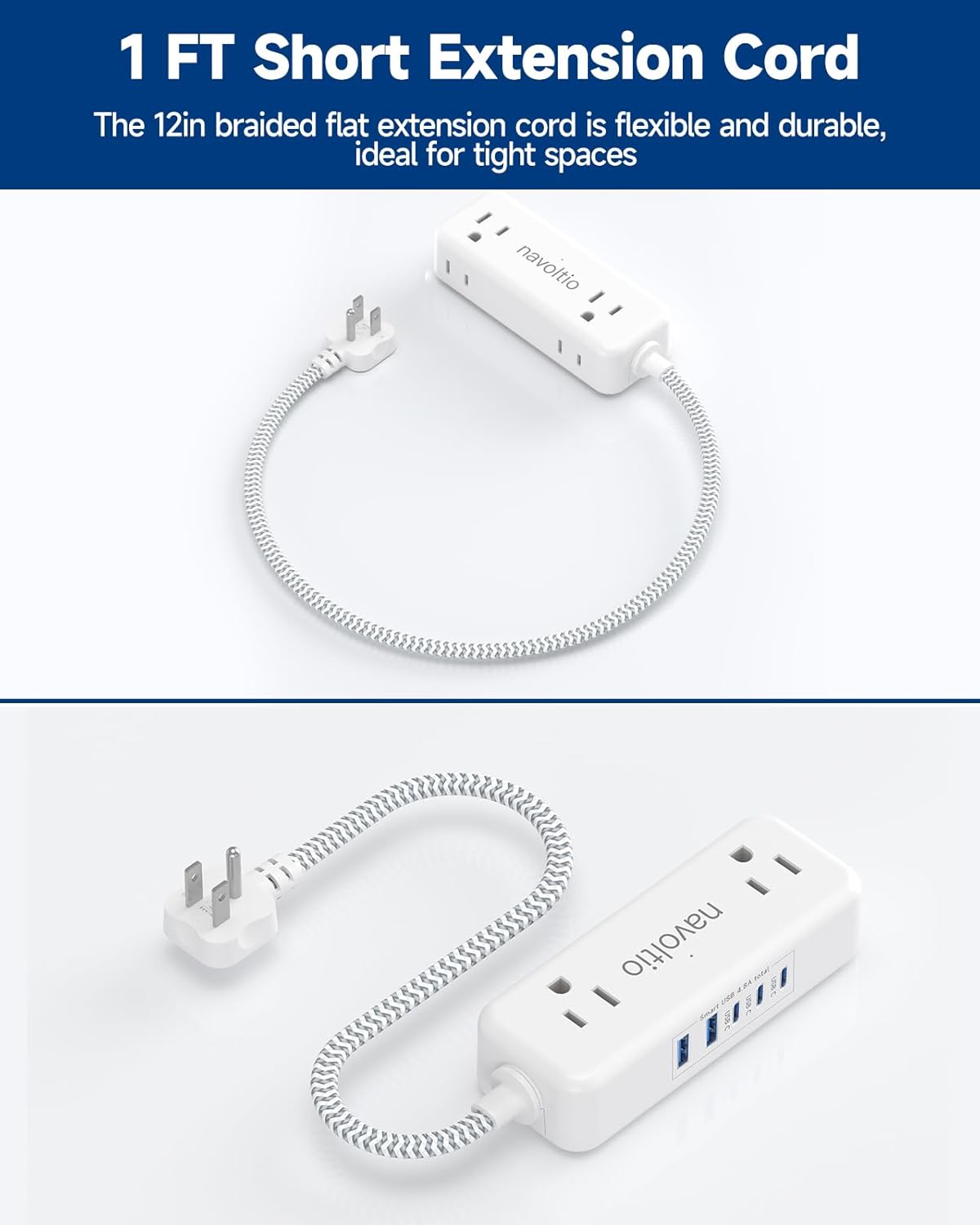 Short Extension Cord 1 ft -4 AC Outlets with 5 USB (5V/4.8A), Small Power Strip, Ultra Thin Flat Plug Extension Cord for Home Office College Dorm Essentials
