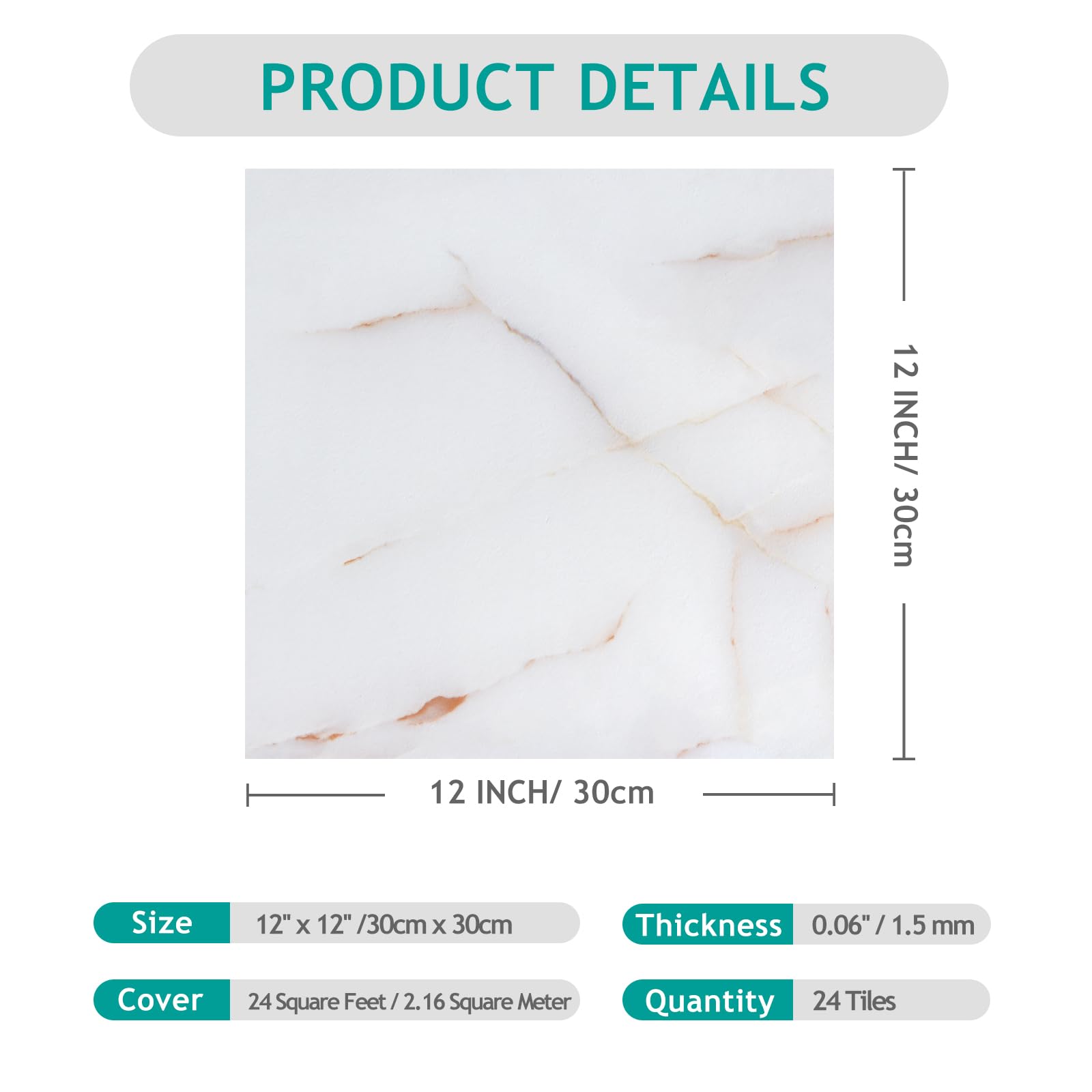 VEELIKE Pavimento PVC Adesivo Marmo Bianco Oro 24 Pezzi Piastrelle Adesive Pavimento Bagno Spesso Adesivi per Piastrelle Marmo Bianca per Cucina Camera da Letto Garage Impermeabile 30 cm x 30 cm