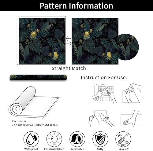 Miniatura 4 de Tropics Plants - Papel tapiz autoadhesivo removible, 17.71 x 118.1 pulgadas, papel adhesivo extraíble, color negro, verde oscuro, amarillo,