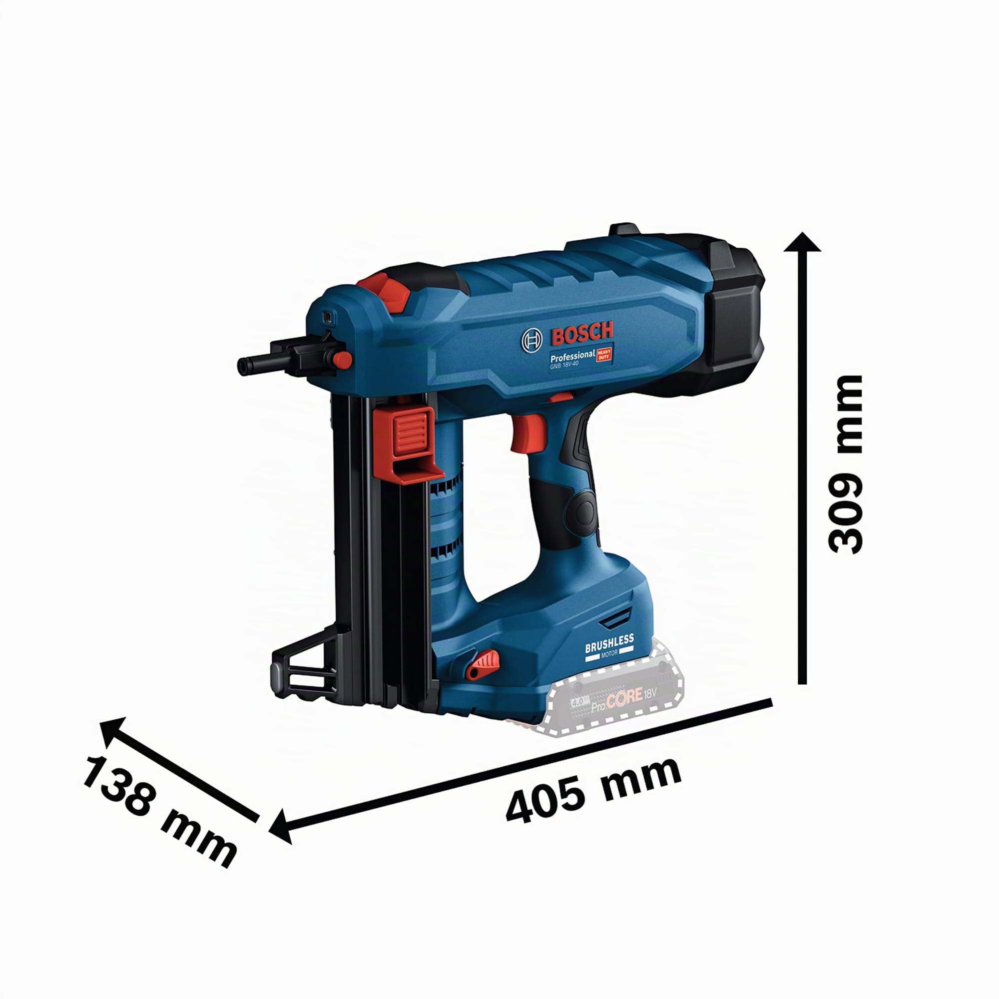 Bosch Professional 18V System cloueur à béton sans-fil GNB 18V-40 (avec broche d’extraction, crochet de suspension, embout E-Nose, aimant, XL-BOXX)