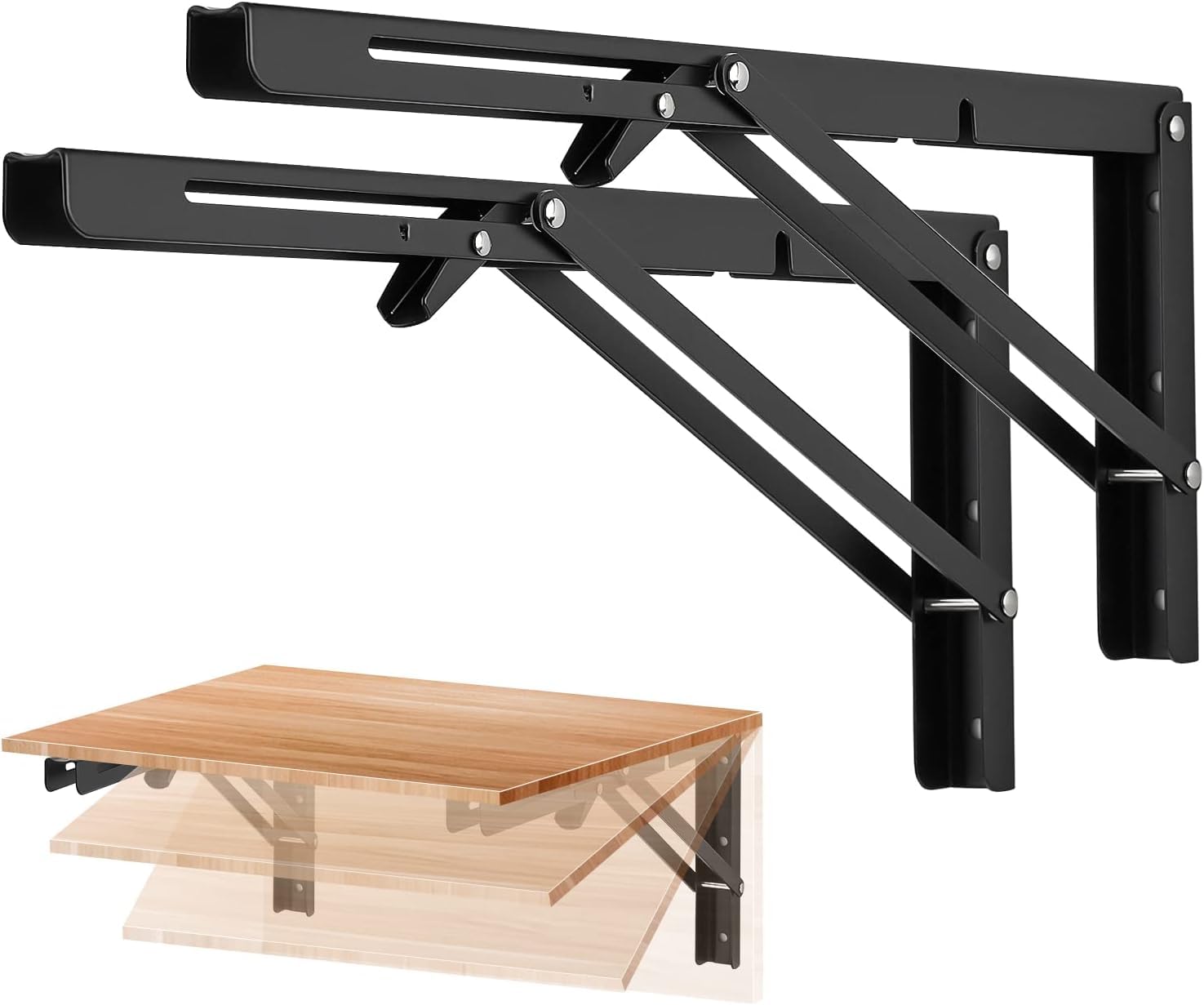 8 to 18 Inches Folding Shelf Brackets , Heavy-Duty Collapsible Metal L Brackets for Wall-Mounted Workbench & Foldable Table, 330lb Capacity, Black Steel Folding Hinge Set (2, 16 - Inches)-image-16