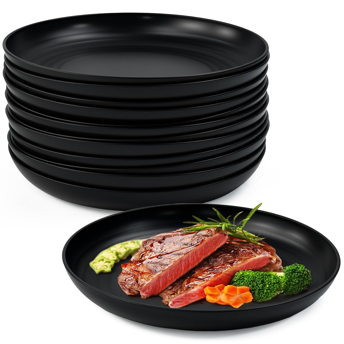 12 Piatti Plastica Rigida Neri, Piatti in Plastica Riutilizzabili, Piatti Campeggio Plastica, Senza BPA, Compatibile con Microonde e Lavastoviglie per Campeggio, Feste, Barbecue e Famiglie