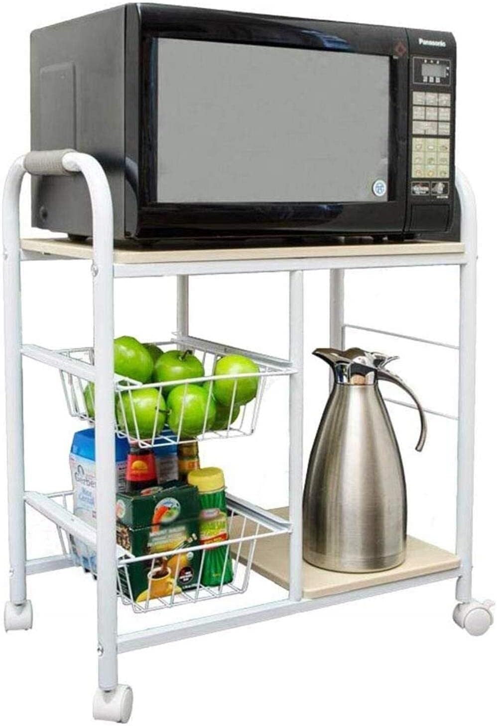 Stable Kitchen Shelf Microwave Oven Rack, Movable Stand with Storage Basket, 360° Universal Wheels, Steel Pipe &MDF, Strong Bearing Capacity