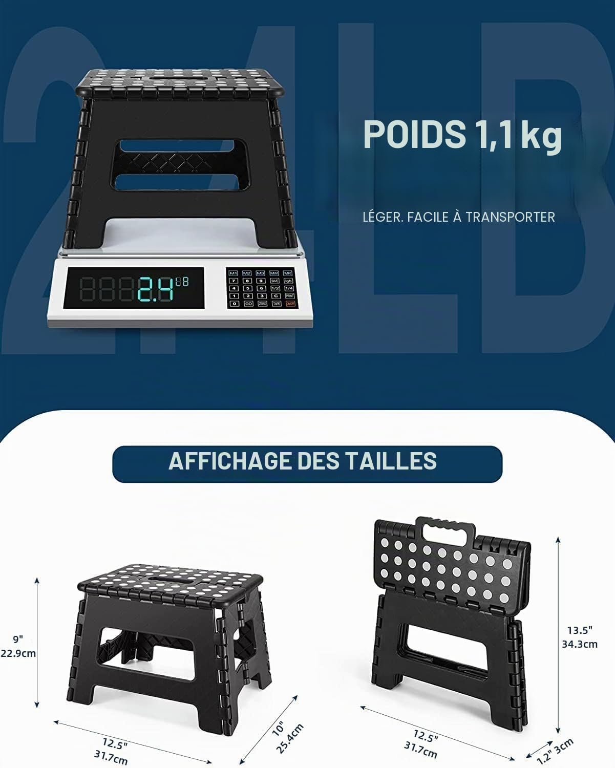 HOUSE DAY Lot de 2 marchepieds pliables de 22,9 cm, robustes avec poignée de transport, marche pliable avec surface antidérapante pour enfants et adultes, design portable pour cuisine, salle de bain