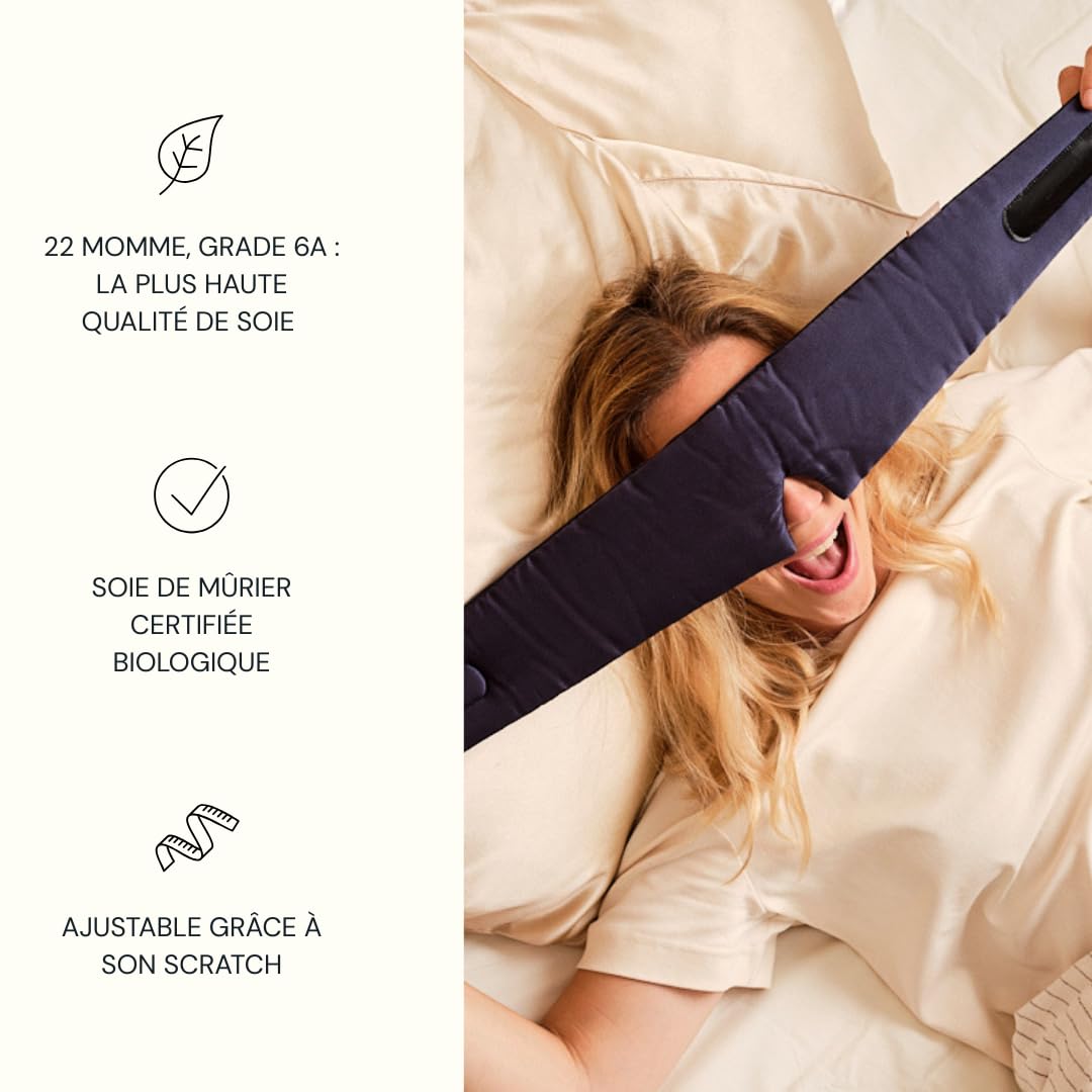 Emily's Pillow - Masque de Nuit Bandeau en Pure Soie de Mûrier Biologique - Fabriqué à la main - 19 Momme - Qualité Supérieure Grade 6A - Bleu Nuit - 100% Ajustable - 70 cm