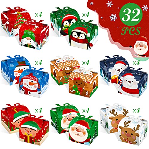 Censen 32 Pcs Christmas Goody Gift Boxes with Bow 3D Christmas Treat Goodie Boxes Cardboard for Holiday Xmas Party Favors Supplies, 4.7 x 4.7 x 3.5 Inches, 8 Styles – Image 3