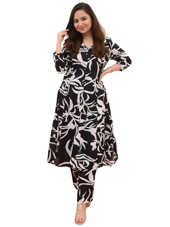 Leriya Fashion Anarkali Kurta-Set for Women – Viscose Rayon Printed Kurta & Straight Pant | Festive Ethnic Indian Traditional Outfit for Functions & Puja – BLACK
