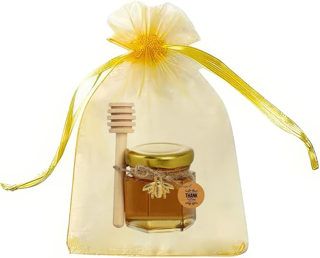 Lot de 40 pots de miel en verre, 45 ml - Mini pots en verre pour miel et confiture, avec petite cuillère, pendentif abeille, ficelles de jute, cartes de remerciement - Parfait pour les