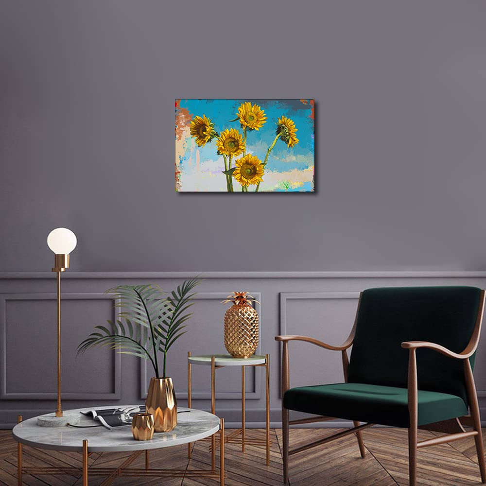 TISHIRON Canvas Wall Art Oil Painting of Sunflowers on Canvas Vintage Art Farmhouse Art for Home Office Bathroom Bedroom Stretched Giclee Framed Print Ready to Hang 8x12inch - Image 2
