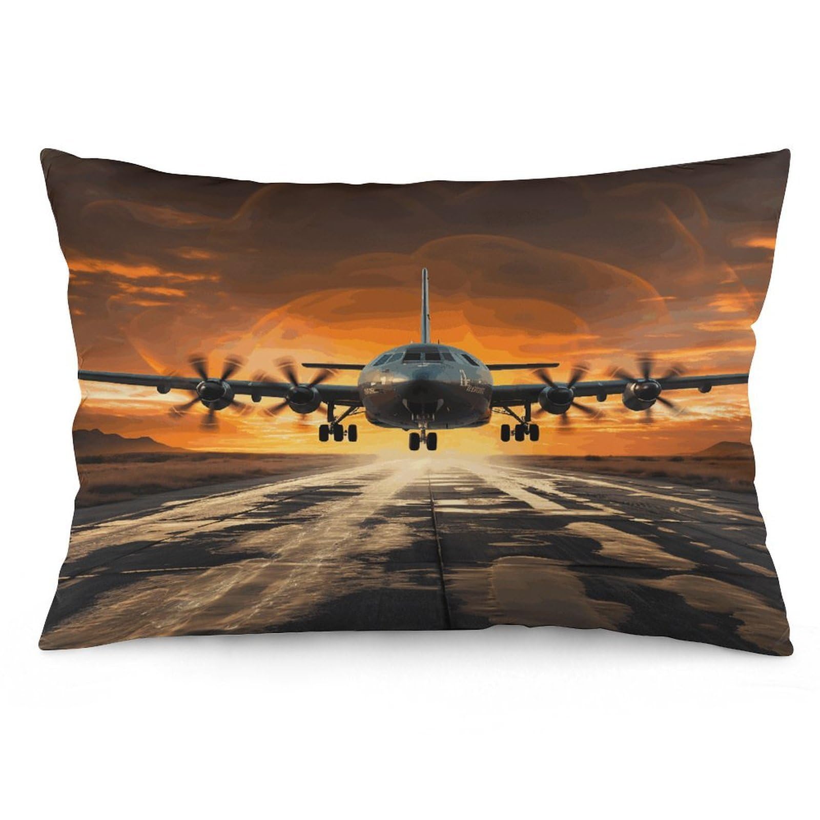 Military Plane Landing on Airforce Runways Against Beautiful Dusky Sky Throw Pillow Cover Soft Lumbar Pillow Covers with Zipper Breathable Rectangular Cushion Case Polyester Pillow Case Decorative Bod