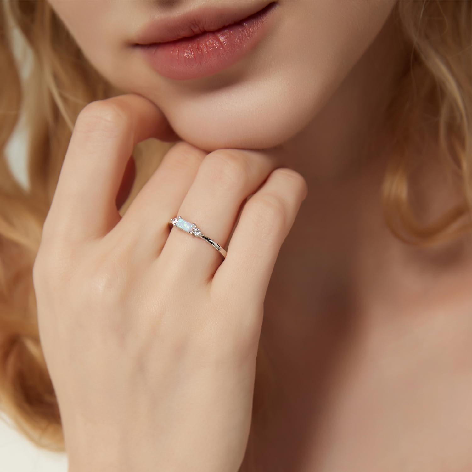 SHINYSO 14K Gold Plated Wedding Bands for Women Baguette Opal Ring Cubic Zirconia CZ Pave Thin Stackable Anniversary Rings for Her Size 4-10 - Image 4