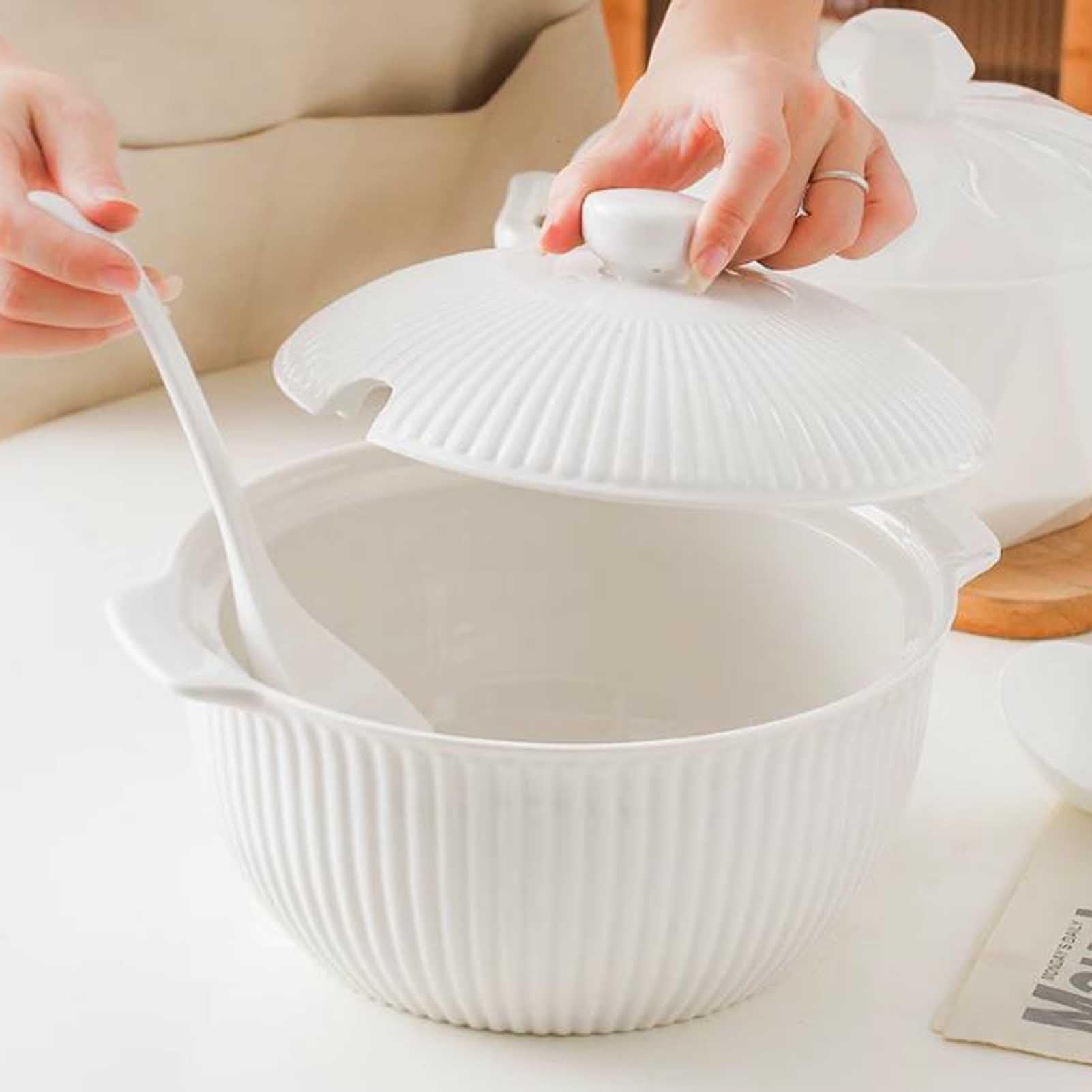 Vnook Soupière en céramique avec louche, soupière de service en porcelaine | Avec deux anses, idéale pour la décoration de la cuisine, au restaurant ou à la maison.